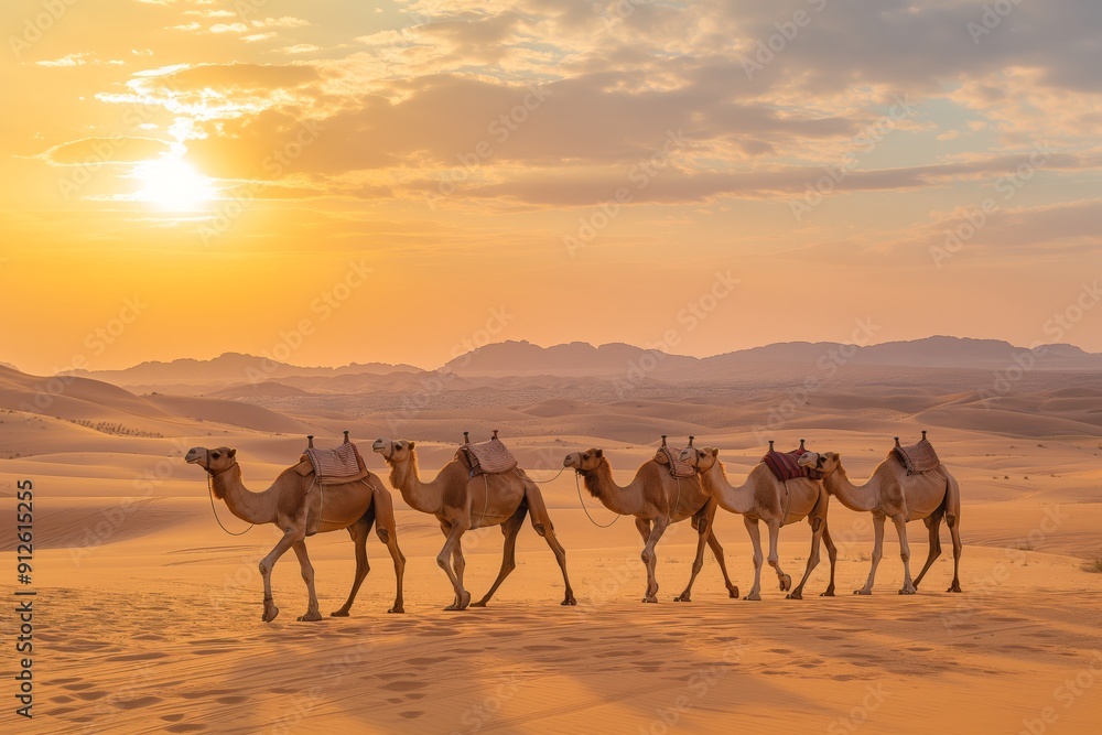 A group of camels walking across a desert landscape. The sun is setting in the background, casting a warm glow over the scene A group of camels walking across a desert landscape. The sun is setting in the background, casting a warm glow over the scene