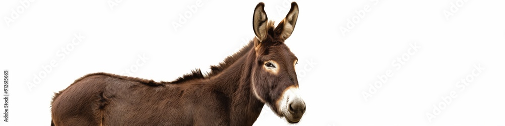 A donkey is standing in front of a white background. The donkey has a white nose and a brown mane A donkey is standing in front of a white background. The donkey has a white nose and a brown mane