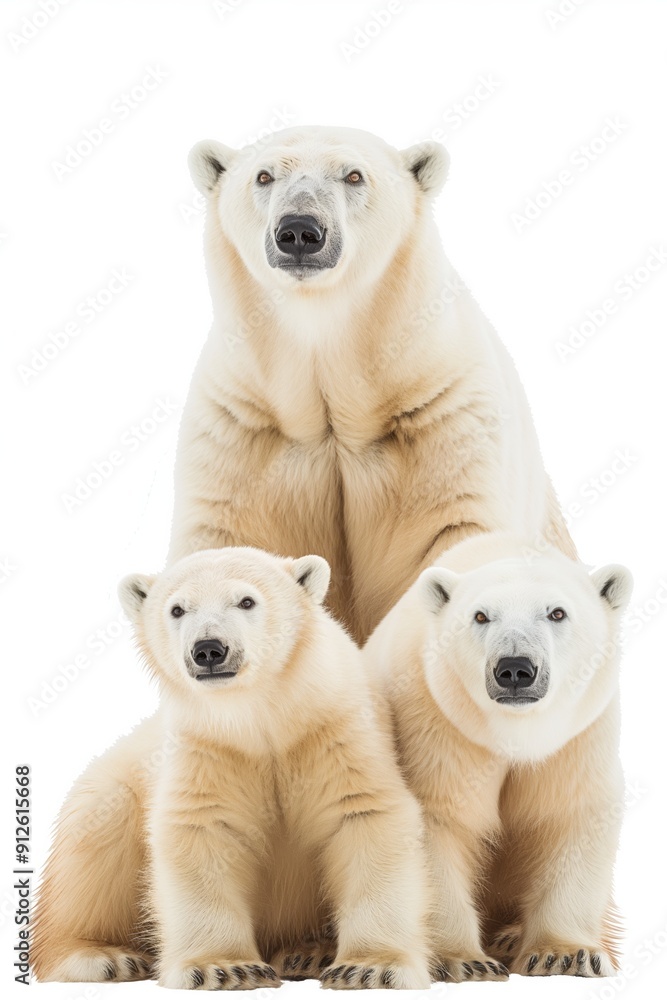 Fototapeta premium Three polar bears are standing on top of each other. The bears are all white and have black noses. The scene is peaceful and serene, with the bears looking at the camera