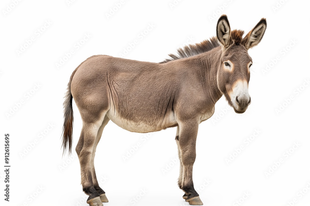 A donkey stands in front of a white background. The donkey is looking at the camera. The image has a calm and peaceful mood A donkey stands in front of a white background. The donkey is looking at the camera. The image has a calm and peaceful mood