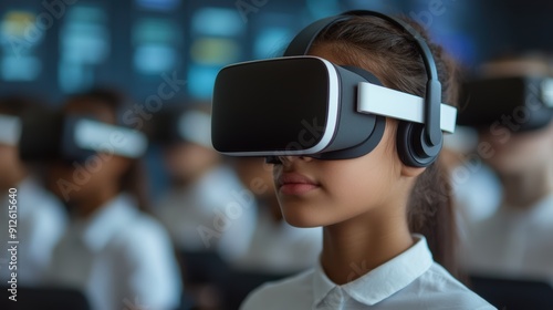 Students Immersed in Virtual Reality Learning Environment with VR Headsets in a Modern Classroom Setting