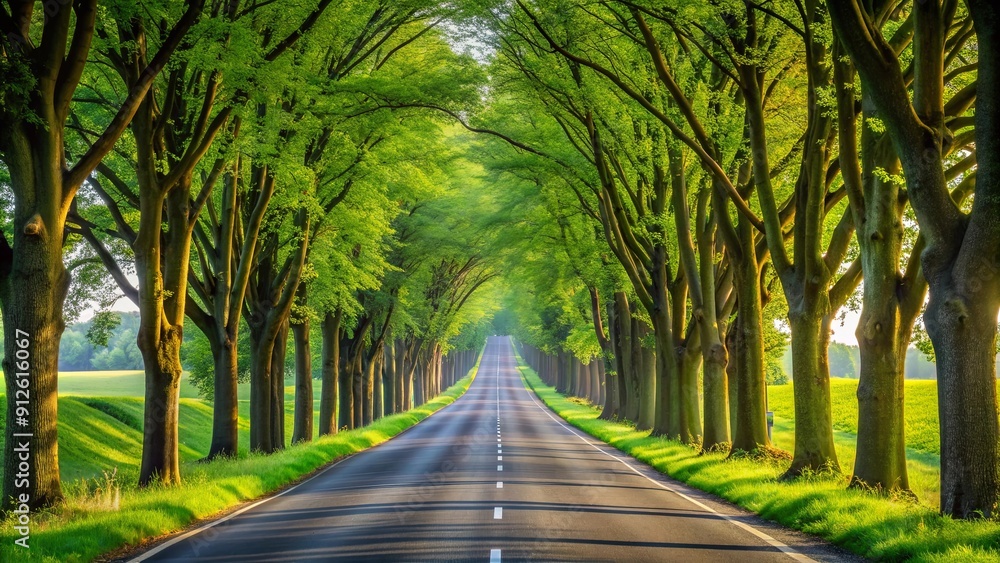 Fototapeta premium Long road lined with trees on background, road, trees, isolated,pathway, nature, landscape, outdoor, journey