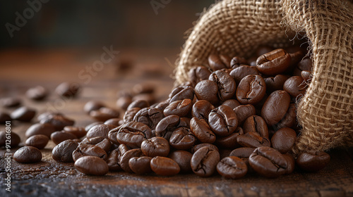 Product photography of coffee beans cascading out of a burlap sack photo