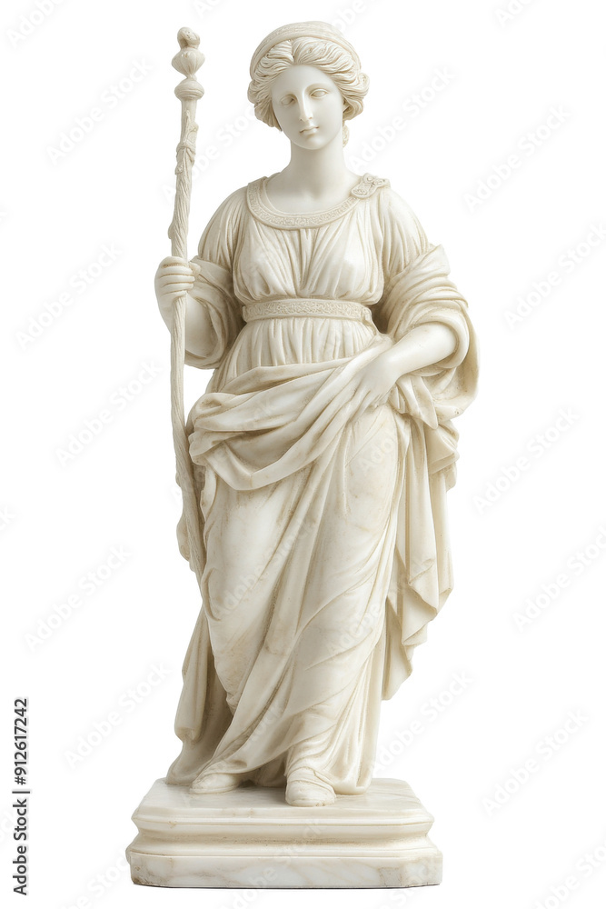 Elegant marble statue of a woman holding a staff, showcasing classical artistry and craftsmanship in a timeless design. Elegant marble statue of a woman holding a staff, showcasing classical artistry and craftsmanship in a timeless design.