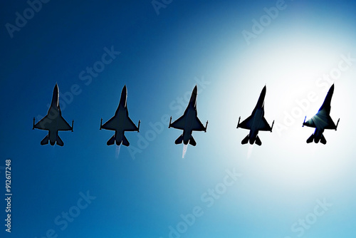 Several military fighters in the sky