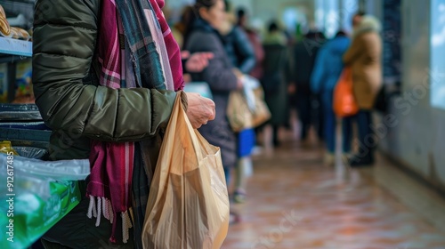 Shoppers gather in a bustling indoor market, carrying bags filled with fresh produce and goods