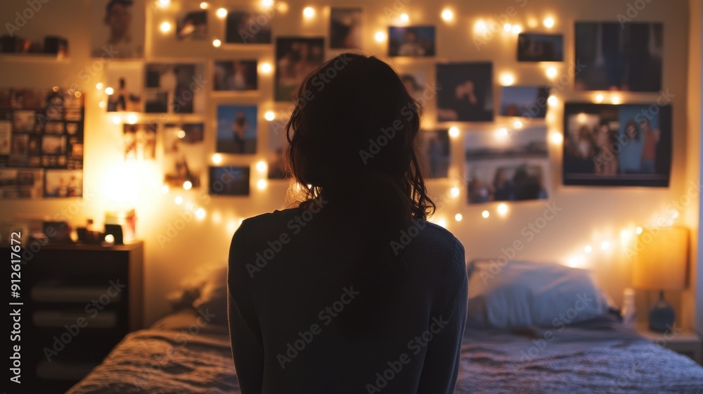 Cozy Dorm Room Vibes: Student Adding Fairy Lights and Photos to Personalize Space Cozy Dorm Room Vibes: Student Adding Fairy Lights and Photos to Personalize Space