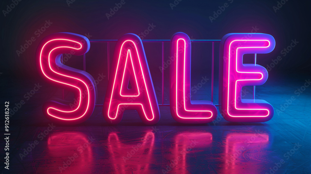 Bright pink neon sale sign shining in a dark room with a mirrored floor Bright pink neon sale sign shining in a dark room with a mirrored floor