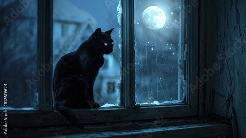 Enigmatic atmosphere with a black cat and glowing eyes on a moonlit windowsill