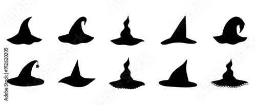 Collection of vector hand drawn witch hat silhouettes. Doodle icons of witch hats for Halloween and Christmas.