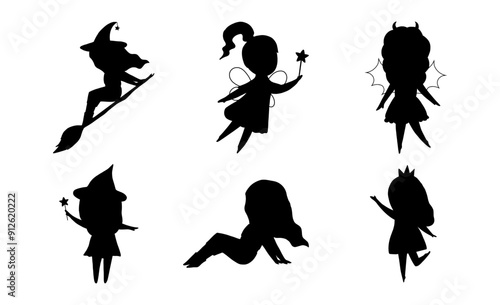 Cute vector silhouette collection of magical little girls in party costumes. Witch, fairy, devil, princess drawn by hand drawn