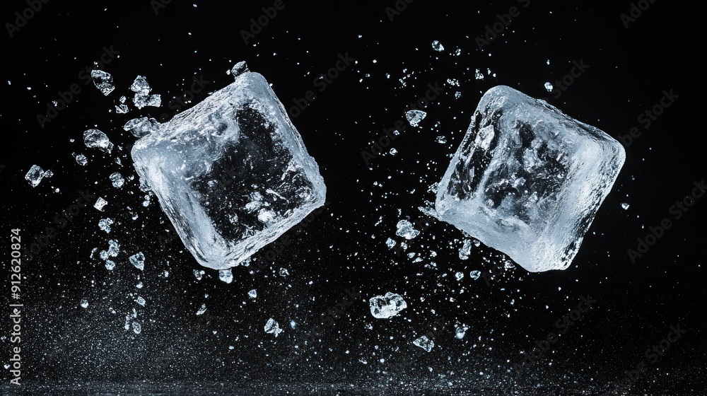Two Ice Cubes Falling on Black Background Two Ice Cubes Falling on Black Background