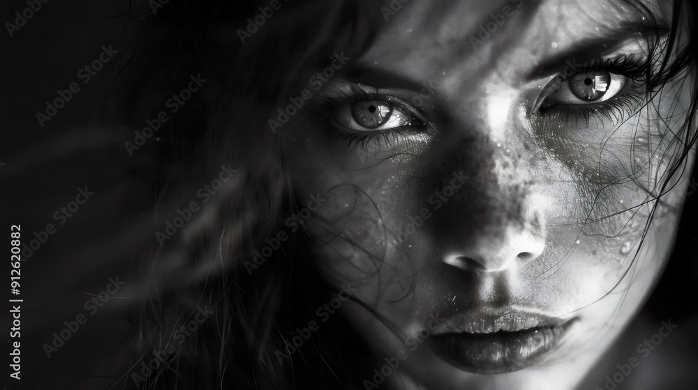 A woman's face is shown in black and white, with her eyes closed A woman's face is shown in black and white, with her eyes closed
