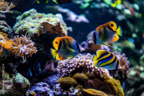 Coral reef with colorful fish, underwater world and its inhabitants