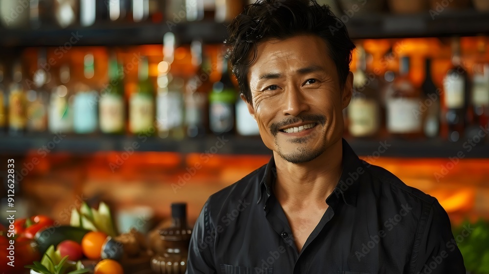 A man with a mustache is smiling in front of a bar with many bottles A man with a mustache is smiling in front of a bar with many bottles