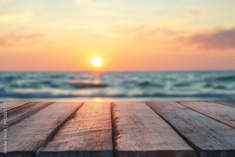 Empty wooden table top in focus, blurred sunset on the beach. Beautiful summer vacation background. Blank pedestal for advertising product , ai Empty wooden table top in focus, blurred sunset on the beach. Beautiful summer vacation background. Blank pedestal for advertising product , ai