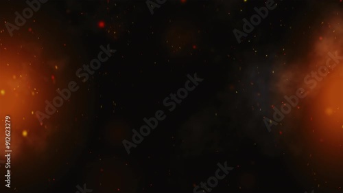 Flying fire sparks on a black background, create abstract glowing particles and smoke. Animation of fiery orange glowing ember particles