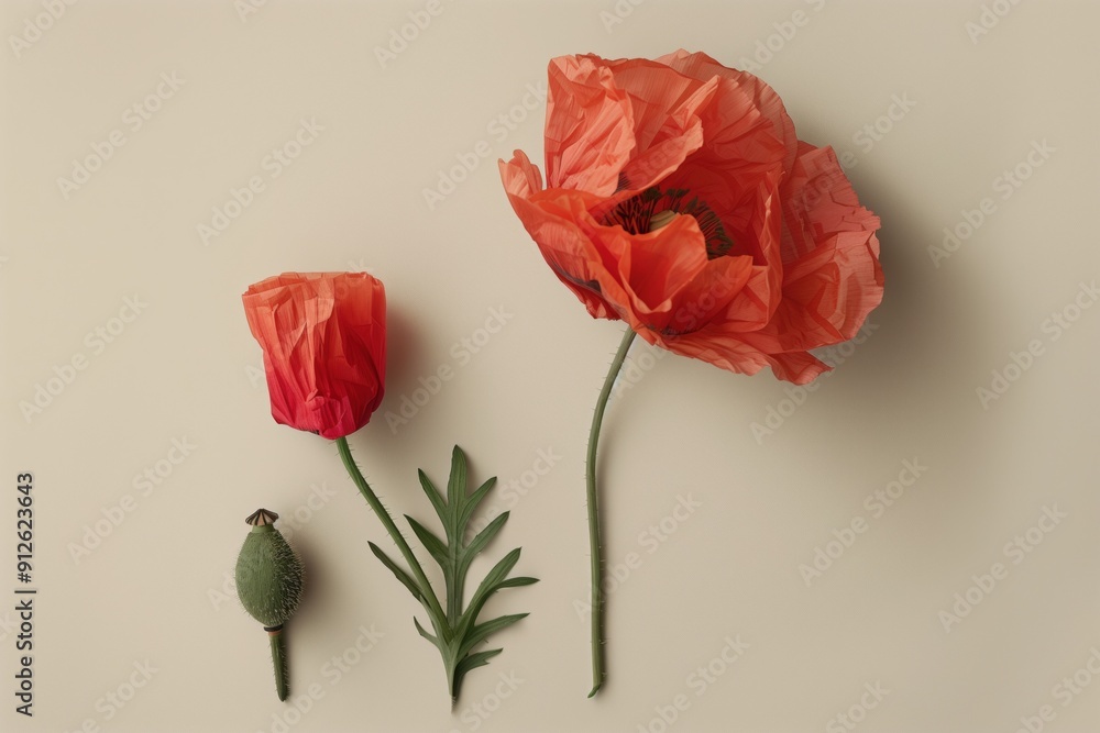 A detailed view of a blooming red poppy and its bud in natural light A detailed view of a blooming red poppy and its bud in natural light