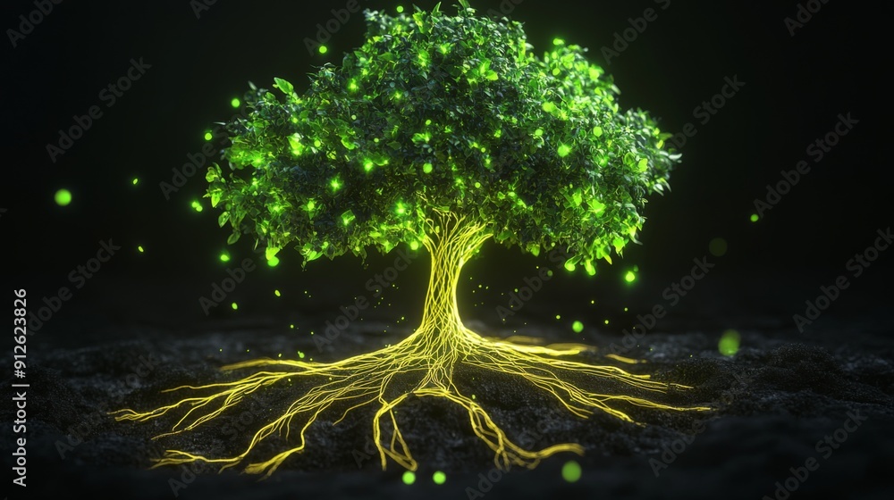 Abstract 3D tree with neon green leaves and roots, representing vitality and connection. Abstract 3D tree with neon green leaves and roots, representing vitality and connection.