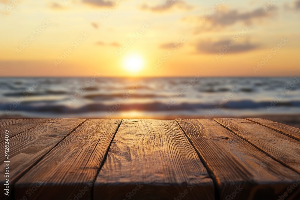 Empty wooden table top in focus, blurred sunset on the beach. Beautiful summer vacation background. Blank pedestal for advertising product, ai Empty wooden table top in focus, blurred sunset on the beach. Beautiful summer vacation background. Blank pedestal for advertising product, ai