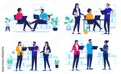 Office people working on computers collection - Set of illustrations with businesspeople using laptop PC, talking,  doing work, smiling and having conversation together in groups. Flat design vector