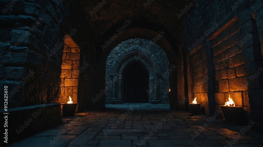 Dark dungeon of a medieval castle with burning torches, fantasy and fiction concept. Dark dungeon of a medieval castle with burning torches, fantasy and fiction concept.