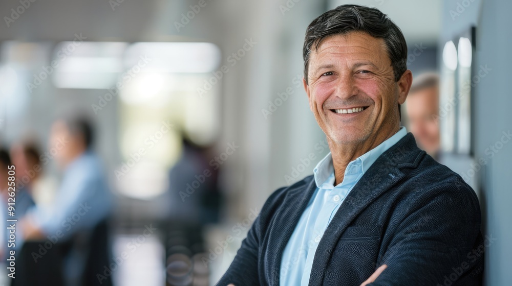 a mature smiling caucasian businessman is standing in the office a mature smiling caucasian businessman is standing in the office
