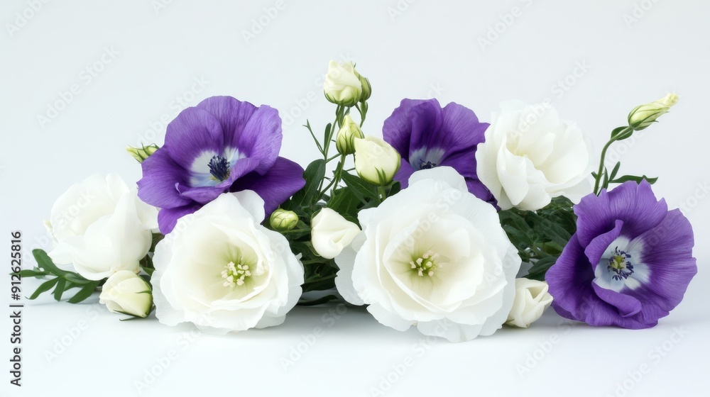 Beautiful arrangement of white and purple eustoma flowers on a white background, with a serene and elegant presentation. Beautiful arrangement of white and purple eustoma flowers on a white background, with a serene and elegant presentation.