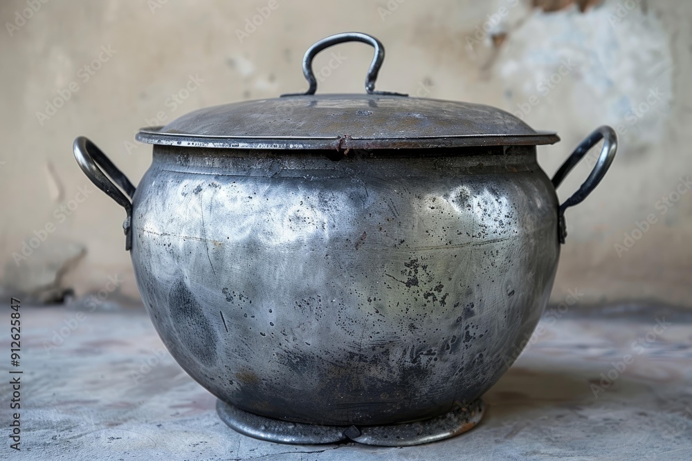 Old metal pot with a lid, showing signs of wear and tear, evokes a sense of nostalgia and history Old metal pot with a lid, showing signs of wear and tear, evokes a sense of nostalgia and history