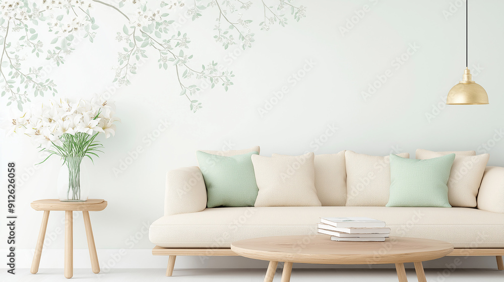Create a high-definition image of a cozy living room featuring an accent wall with wallpaper that has a sophisticated green and cream floral design, characterized by intricate floral motifs and leaves Create a high-definition image of a cozy living room featuring an accent wall with wallpaper that has a sophisticated green and cream floral design, characterized by intricate floral motifs and leaves