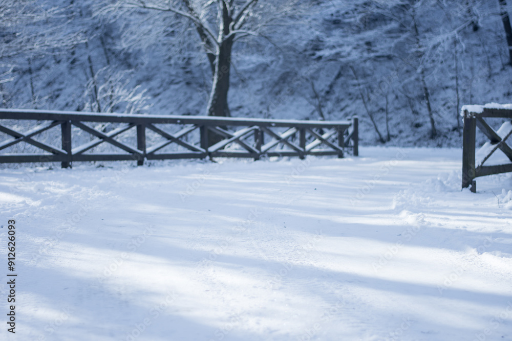 Fototapeta premium A peaceful winter landscape featuring a fresh layer of snow covering the ground and trees with a rustic wooden fence in the foreground.