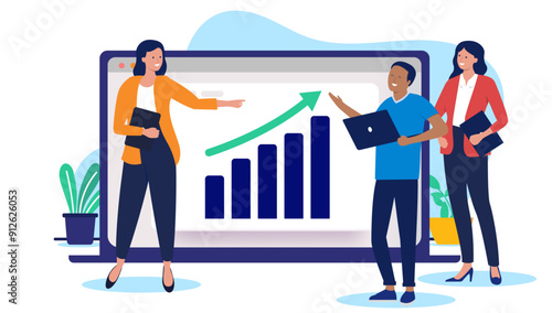 Businesspeople with graph - Group of three people, man and women standing on front of computer screen with rising diagram, chart and green arrow pointing up towards growth and success. Flat design