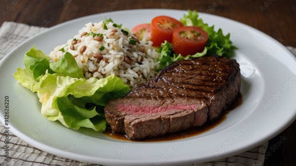 Plate with rice, beans, steak and lettuce salad, typical Brazilian food. Plate with rice, beans, steak and lettuce salad, typical Brazilian food.