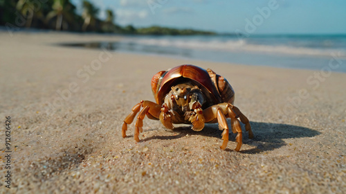 Close-up photo of a hermit crab on a tropical beach photo