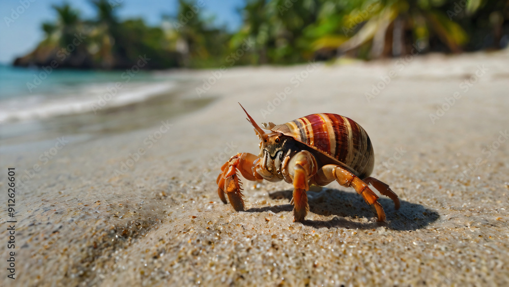 Close-up photo of a hermit crab on a tropical beach