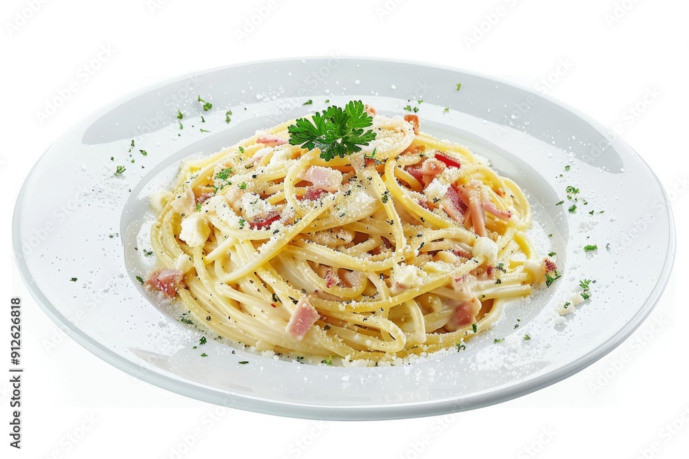 Classic homemade carbonara pasta with pancetta, hard parmesan cheese, and cream sauce. Italian cuisine. Spaghetti alla carbonara on a white plate, white background Classic homemade carbonara pasta with pancetta, hard parmesan cheese, and cream sauce. Italian cuisine. Spaghetti alla carbonara on a white plate, white background
