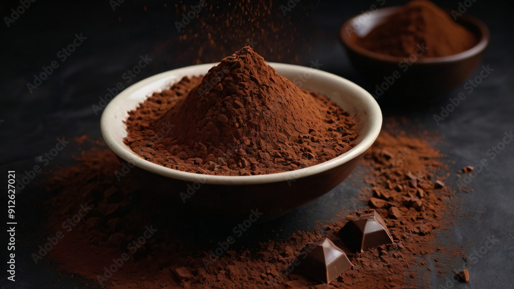 Chocolate powder in a bowl on a wooden table Chocolate powder in a bowl on a wooden table