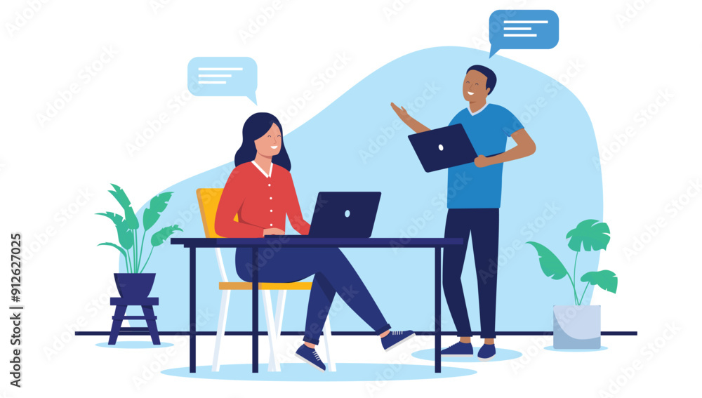 Smiling people working and talking together - Two people at work in office having conversation at desk while holding laptop computers, Flat design vector illustration with white background Smiling people working and talking together - Two people at work in office having conversation at desk while holding laptop computers, Flat design vector illustration with white background