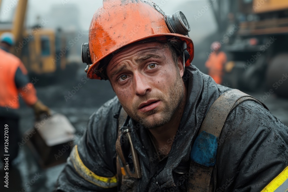 A coal miner with a helmet and a soot-streaked face looks exhausted, taking a moment's rest amid the working environment, highlighting the demanding nature of the job.
