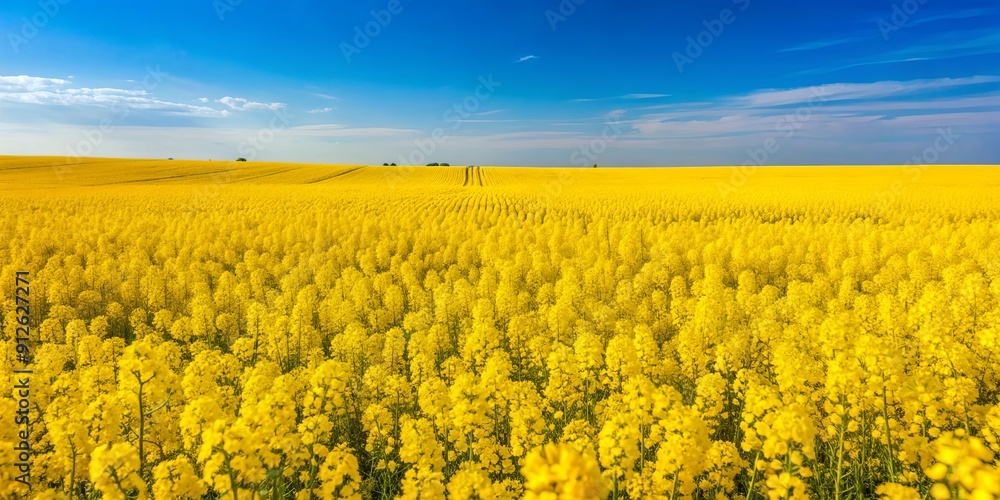 Fototapeta premium Field of colza rapeseed yellow flowers under blue sky representing Ukrainian flag colors in an agriculture