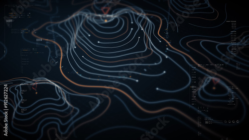 Futuristic holographic terrain topology head-up screen display, offering advanced tactical navigation and real-time environmental data