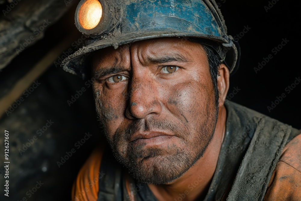 A weary miner with a helmet light, his face smeared with dirt, glares seriously into the lens, the scene emphasizing the tough conditions of his daily labor in the mines. A weary miner with a helmet light, his face smeared with dirt, glares seriously into the lens, the scene emphasizing the tough conditions of his daily labor in the mines.