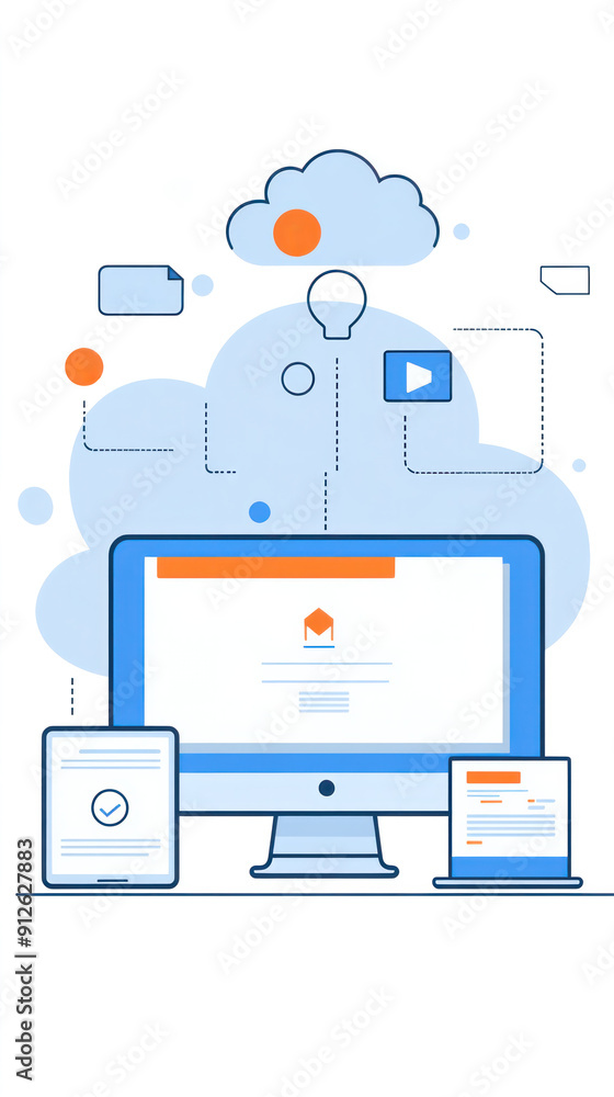 A computer monitor with a cloud and a light bulb on it. The monitor is surrounded by other devices such as a laptop and a tablet. Concept of technology and innovation, with the cloud A computer monitor with a cloud and a light bulb on it. The monitor is surrounded by other devices such as a laptop and a tablet. Concept of technology and innovation, with the cloud