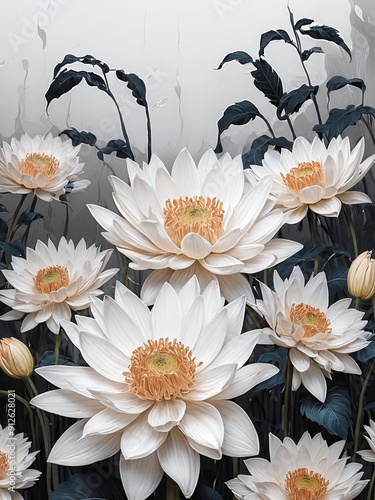 A painting of a field of white flowers with a blue background generative AI illustration