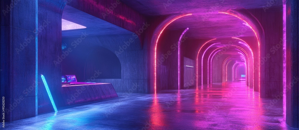 Futuristic Sci Fi Gaming Room with Neon Laser Lights in a Vibrant Saturated Tunnel Corridor A 3D Rendered Illustration of a Modern Concrete Environment Futuristic Sci Fi Gaming Room with Neon Laser Lights in a Vibrant Saturated Tunnel Corridor A 3D Rendered Illustration of a Modern Concrete Environment