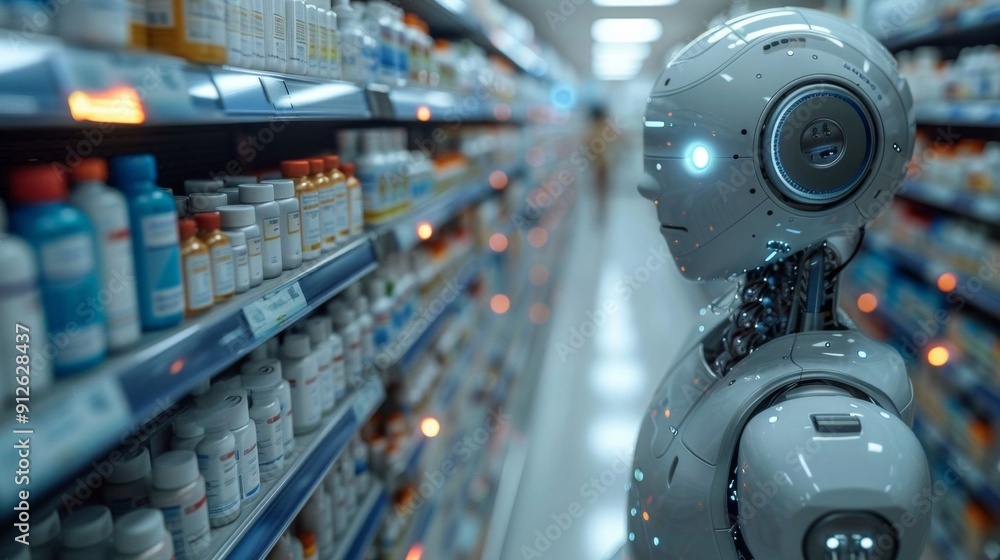 A robotic assistant in a modern pharmacy organizing medication bottles on shelves in a well-lit and sterile environment. A robotic assistant in a modern pharmacy organizing medication bottles on shelves in a well-lit and sterile environment.