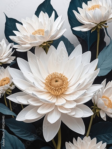 A painting of a bunch of white flowers with green leaves generative AI illustration