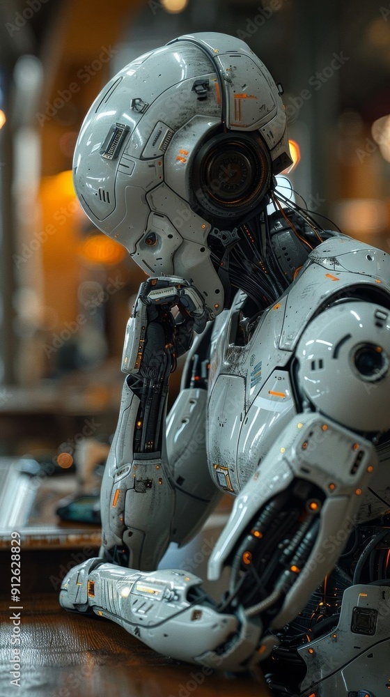 Fototapeta premium A sad robot sits indoors, reflecting on its existence. Futuristic industrial design with detailed electronics visible.