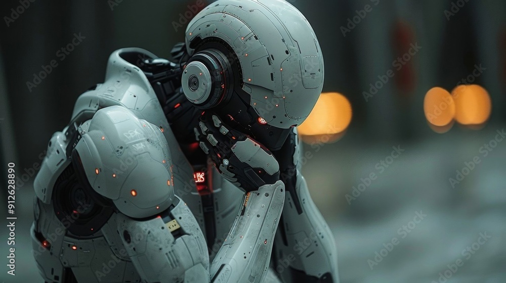 A sad cyborg robot in a futuristic setting appears distressed, with its hand on its head, possibly reflecting a moment of emotional turmoil. A sad cyborg robot in a futuristic setting appears distressed, with its hand on its head, possibly reflecting a moment of emotional turmoil.
