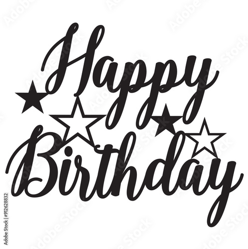 Happy birthday star stars sign deign vector laser cut cake topper text celebrate party
